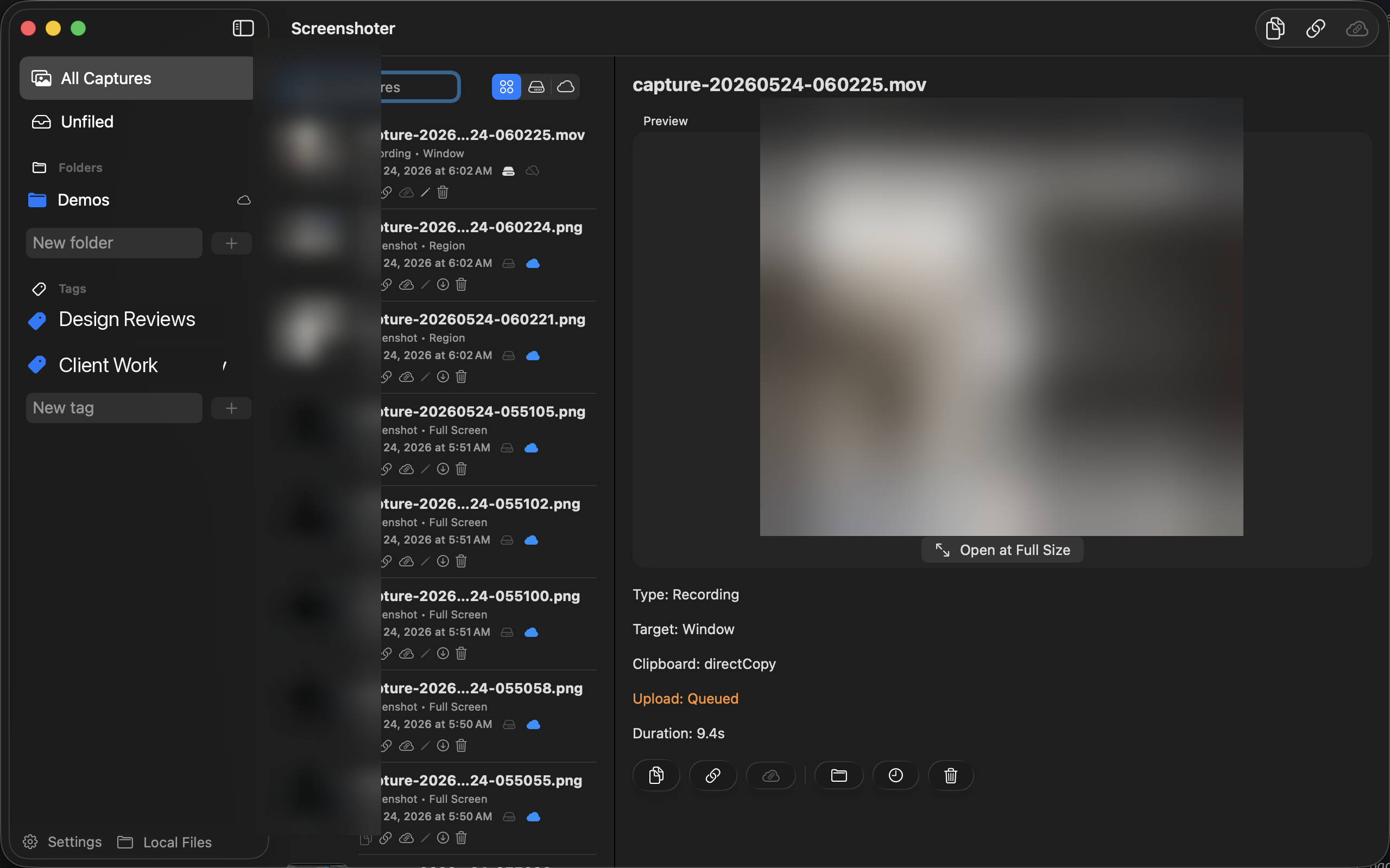 The Snap Shoot Share library window showing the capture history, folders and tags sidebar, a recording preview, and capture metadata.