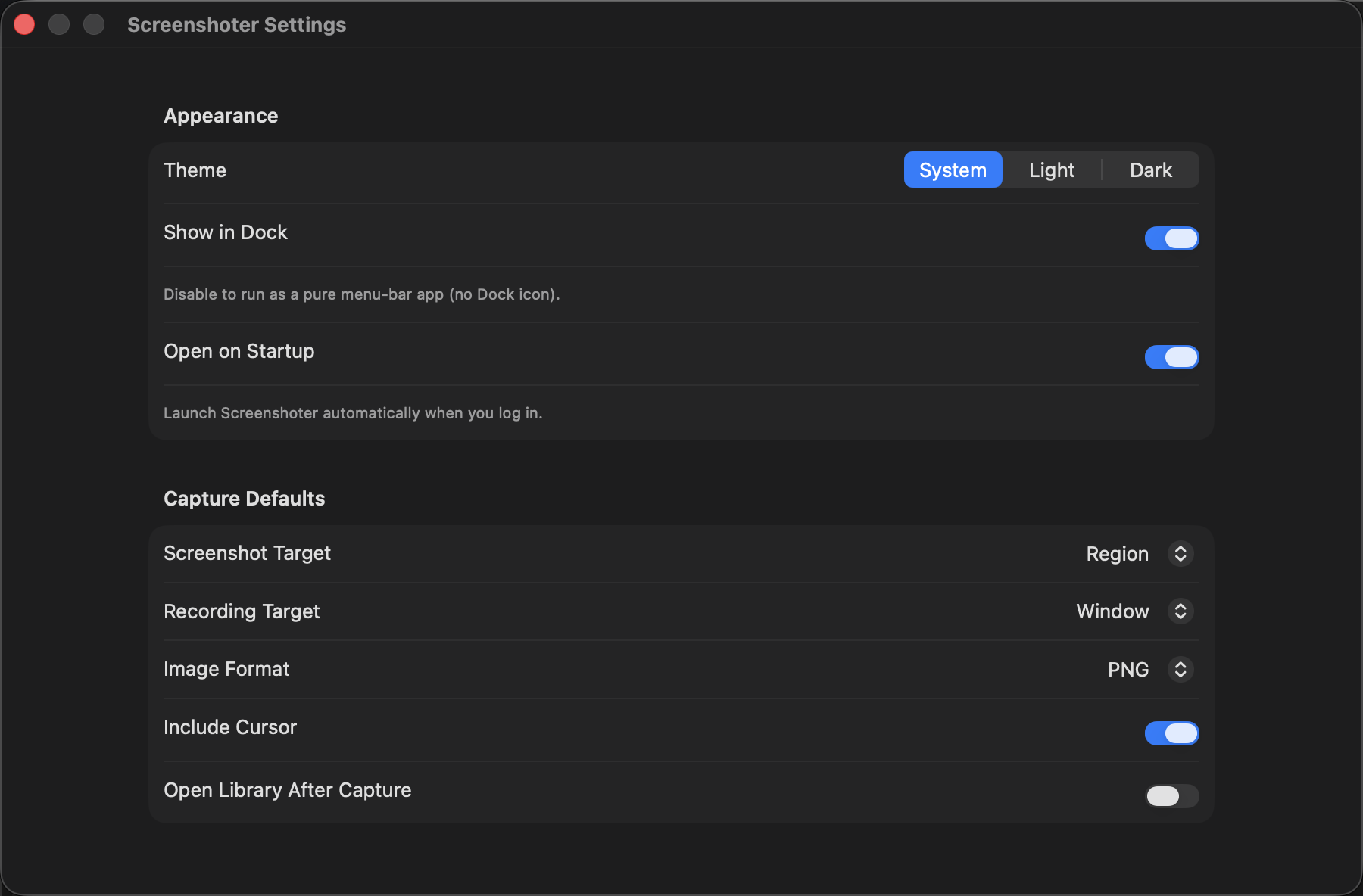 Snap Shoot Share general settings with theme picker (System / Light / Dark), Show in Dock, Open on Startup, and capture defaults for screenshot target, recording target, image format and cursor.