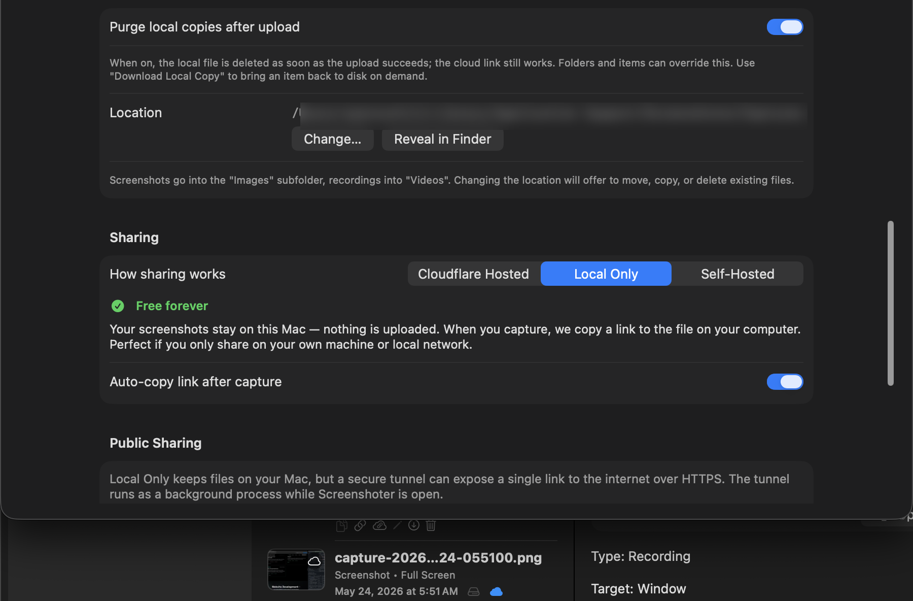 Snap Shoot Share settings showing local storage controls including purge-after-upload, storage location, and the sharing mode picker set to Local Only.