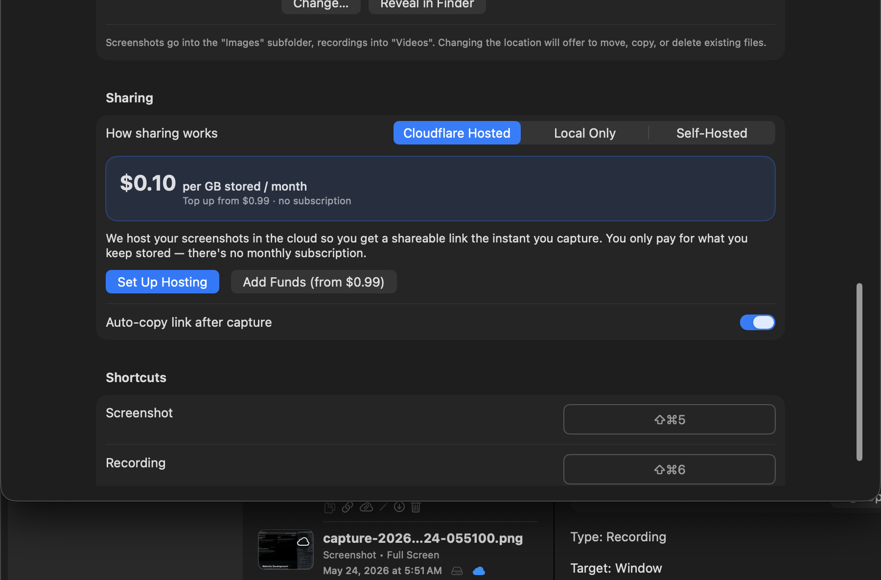Snap Shoot Share settings showing the Cloudflare Hosted sharing mode with the $0.10 per GB price card, Set Up Hosting and Add Funds buttons.