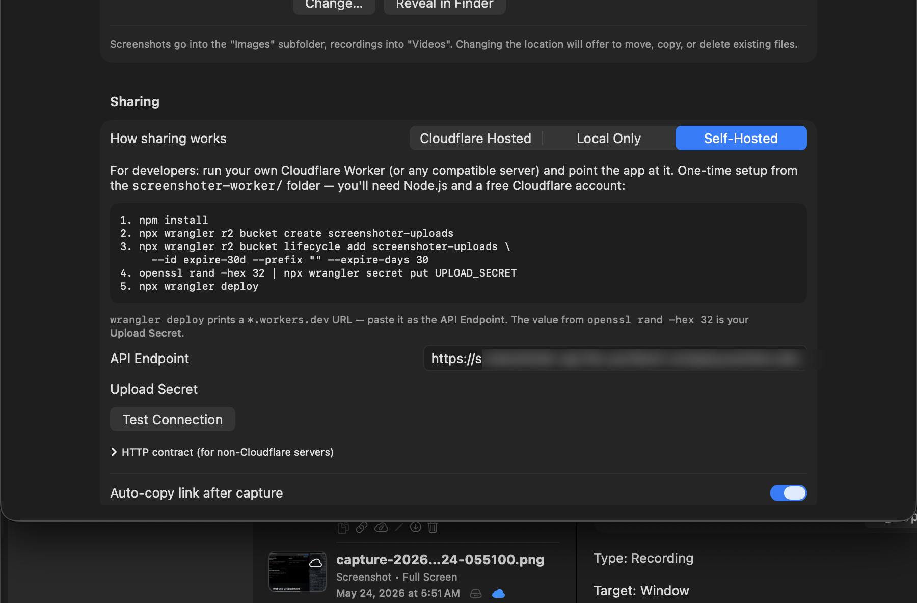 Snap Shoot Share settings showing the Self-Hosted developer mode with Cloudflare Worker setup steps, API endpoint and upload secret fields, and a Test Connection button.