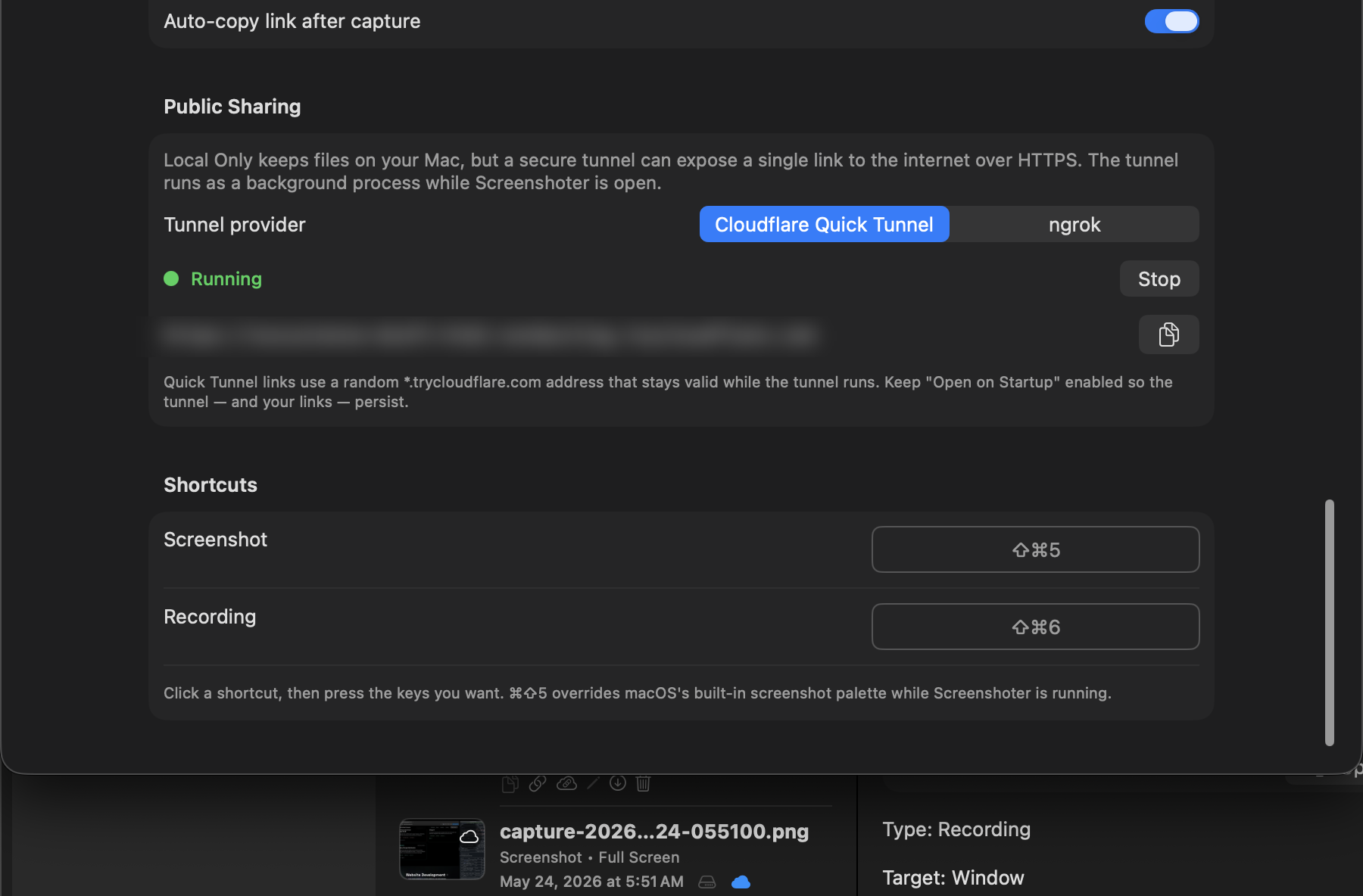 Snap Shoot Share Public Sharing settings showing a running secure tunnel with a live public URL, provider picker, and the screenshot and recording keyboard shortcuts.