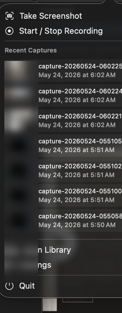 The Snap Shoot Share menu-bar popover with Take Screenshot, Start / Stop Recording, a list of recent captures, and quick access to the library and settings.